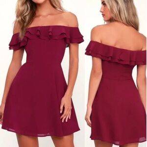 NWOT Lulu’s Win Your Heart Off the Shoulder Wine Red Ruffle Mini Skater Dress